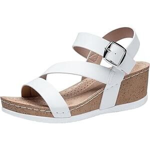 Jeossy Womens Size 10 White Faux Leather Comfort Platform Wedge Sandals Shoes